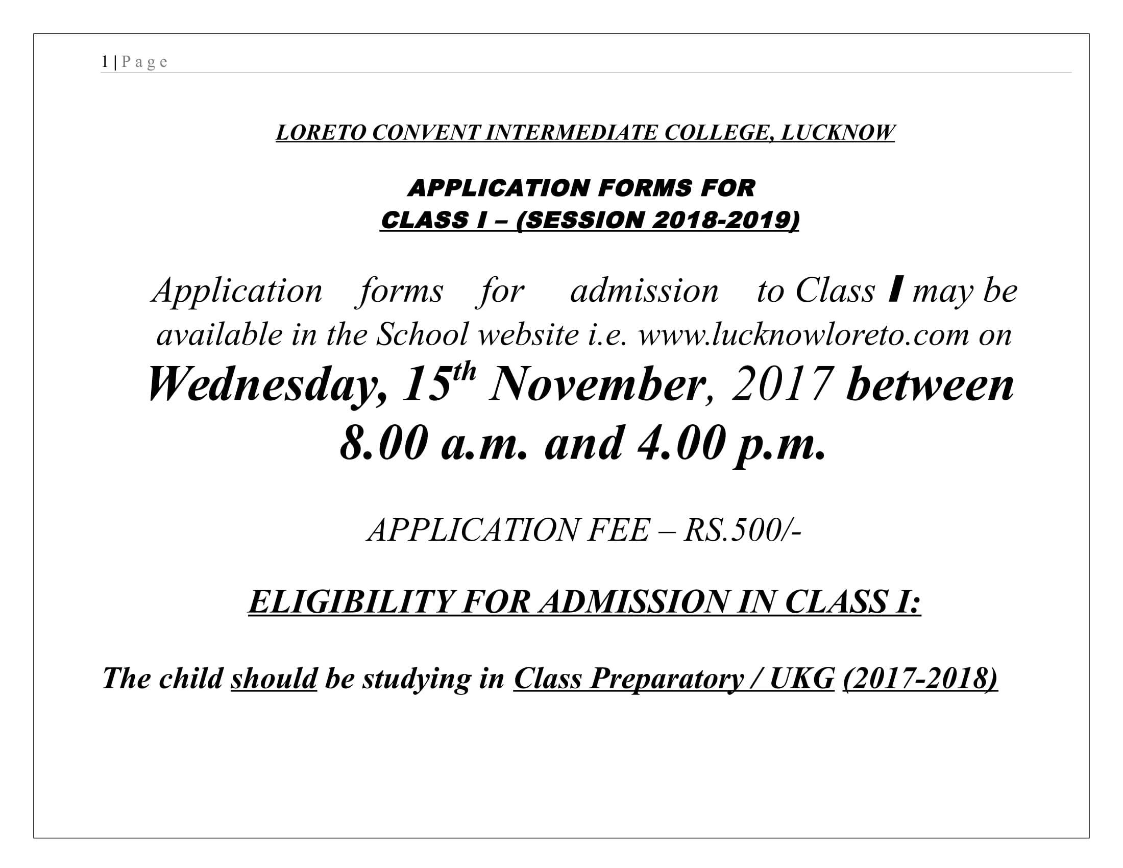 ONLINE ADMISSION NOTICE OF CLASS-I FOR SESSION 8-8 - Loreto