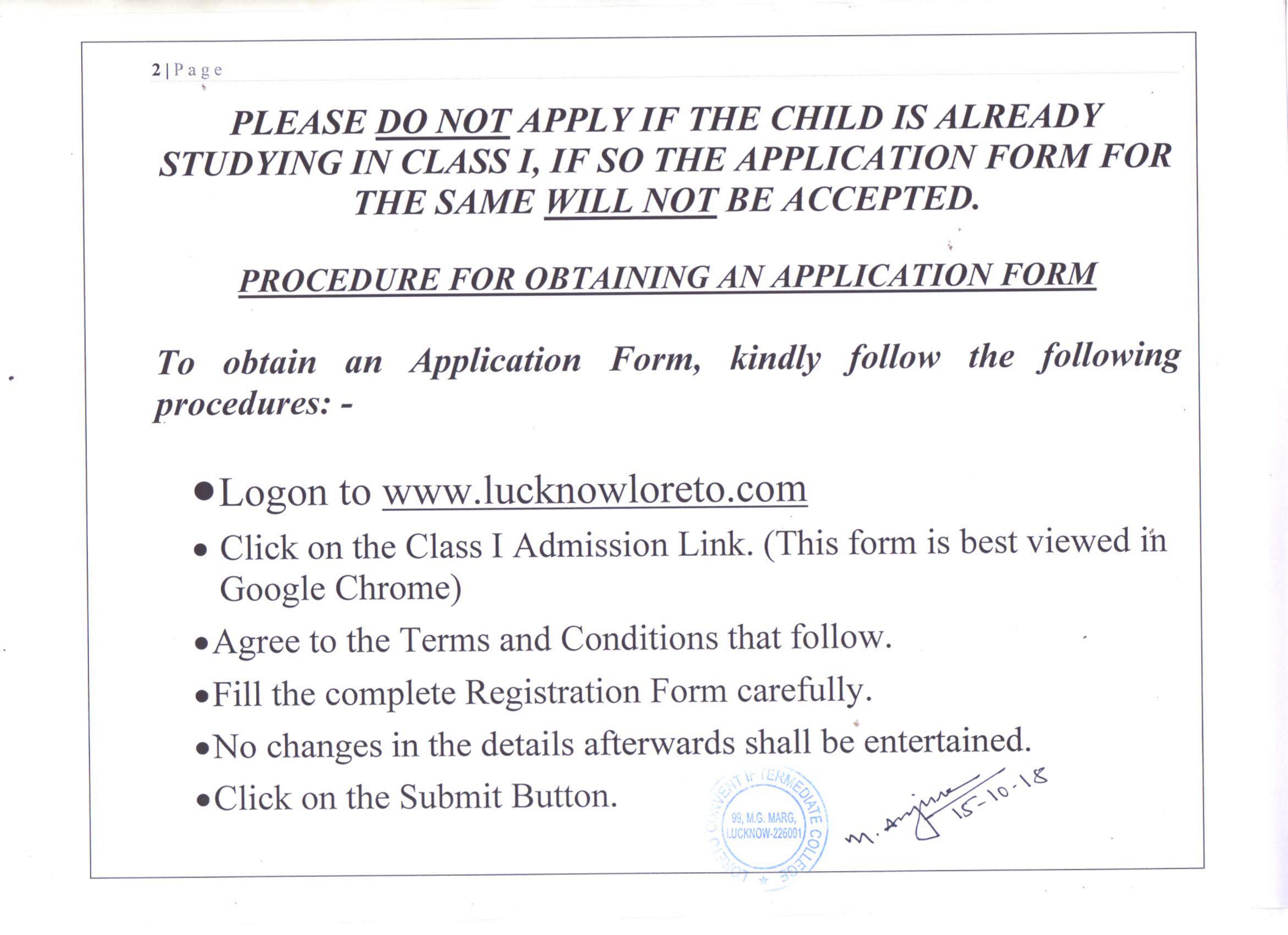 ONLINE ADMISSION NOTICE OF CLASS-I FOR SESSION 8-8" - Loreto
